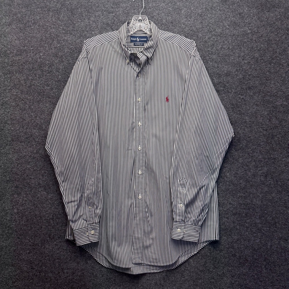 Ralph Lauren Button Down Shirt Mens 15.5 M Black White Stripe Classic Fit Preppy